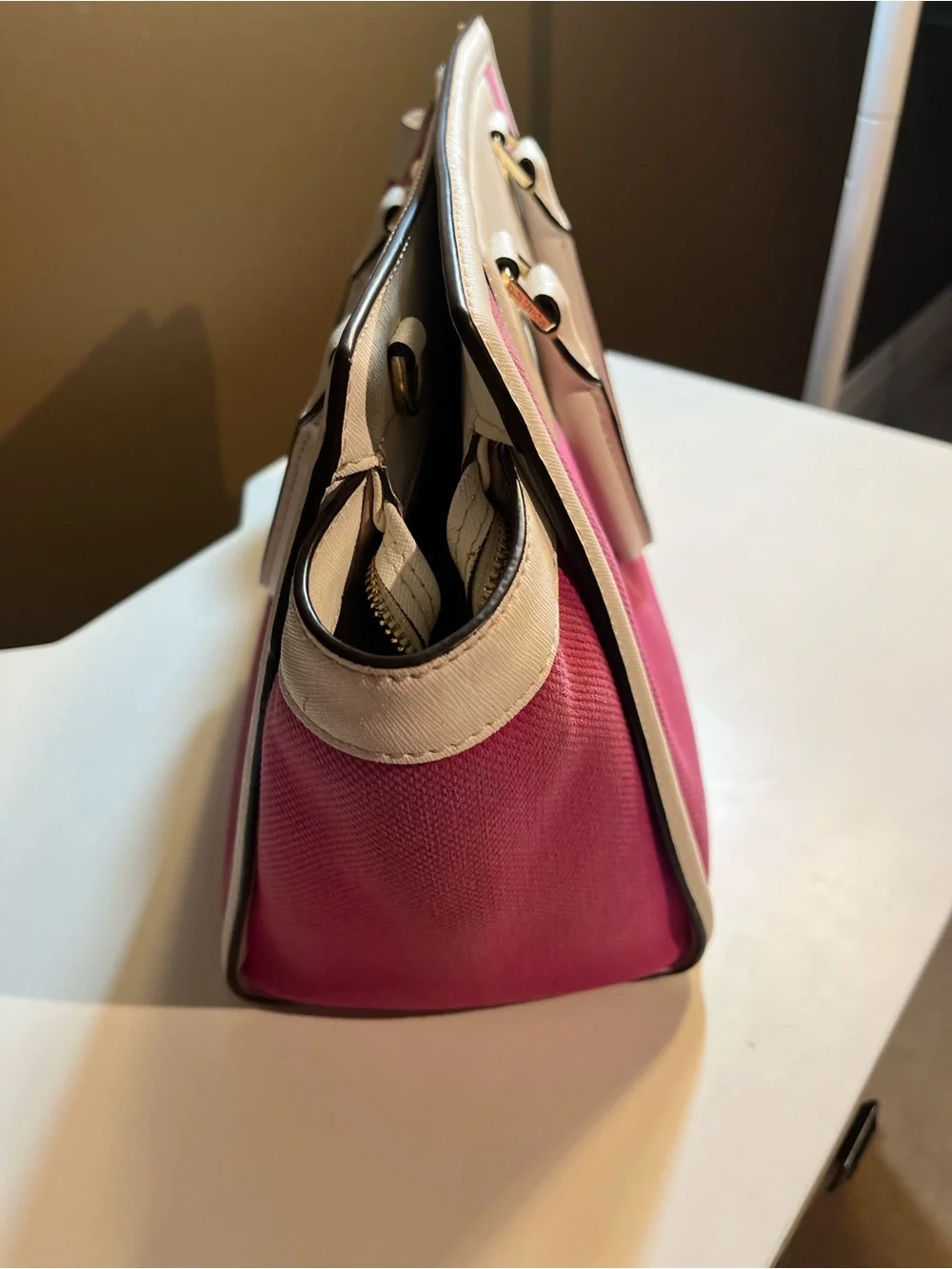 Michael Kors Pink Canvas White Leather Trim Satchel Bag